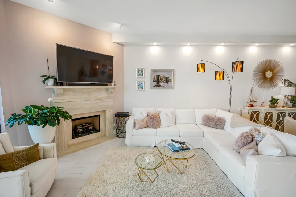 Living room with fireplace, listing photography
