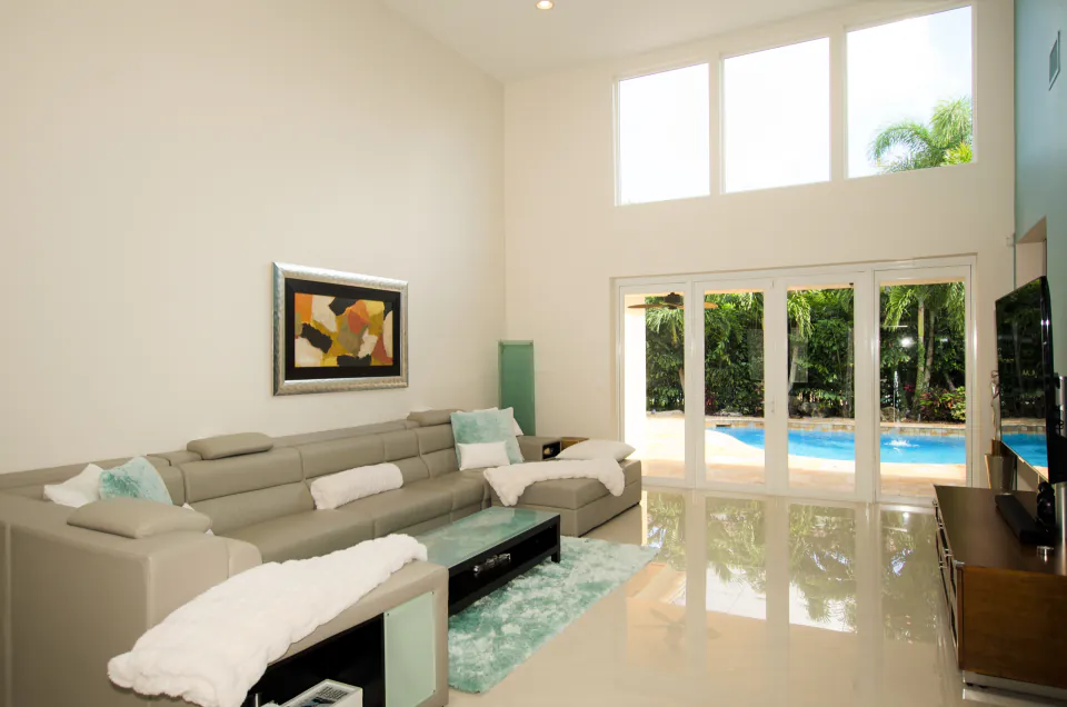 Living room with pool view