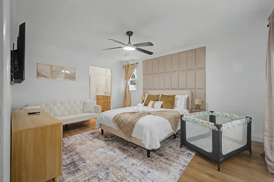 Primary bedroom interior, listing photography