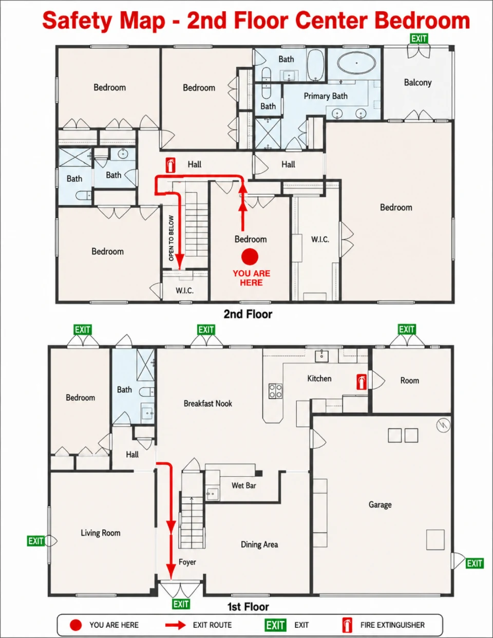 Airbnb fire safety and evacuation map, guest bedroom — Pompano Beach short-term rental